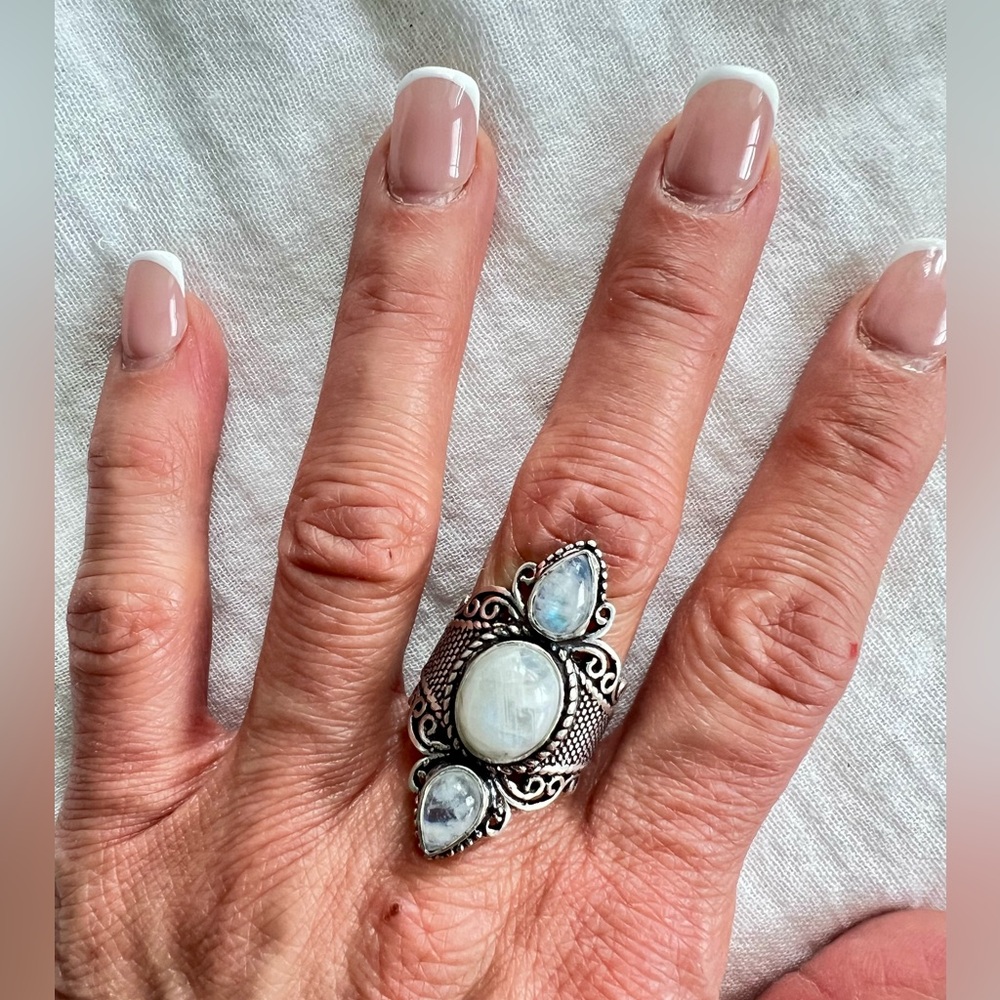 925 OMG! Gorgeous! Triple Rainbow Flash Moonstone Ring 6 7 8 9 10 - Picture 11 of 11